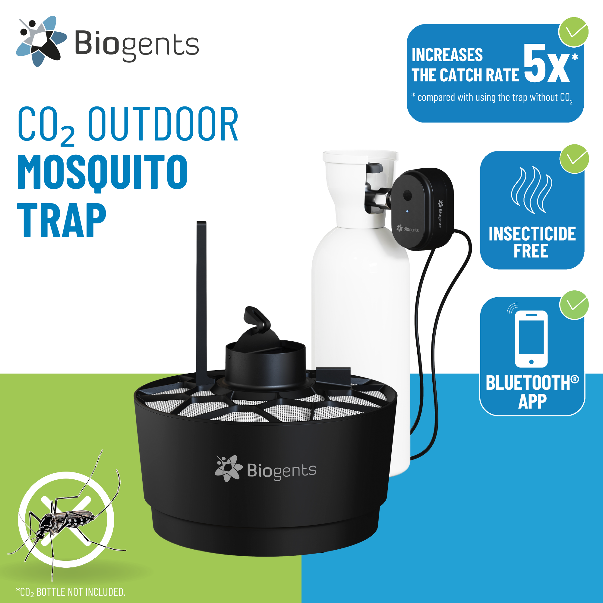 Information about the mosquito trap, that it is controlled via bluetooth and is insecticide free. Read more in the instruction manual.