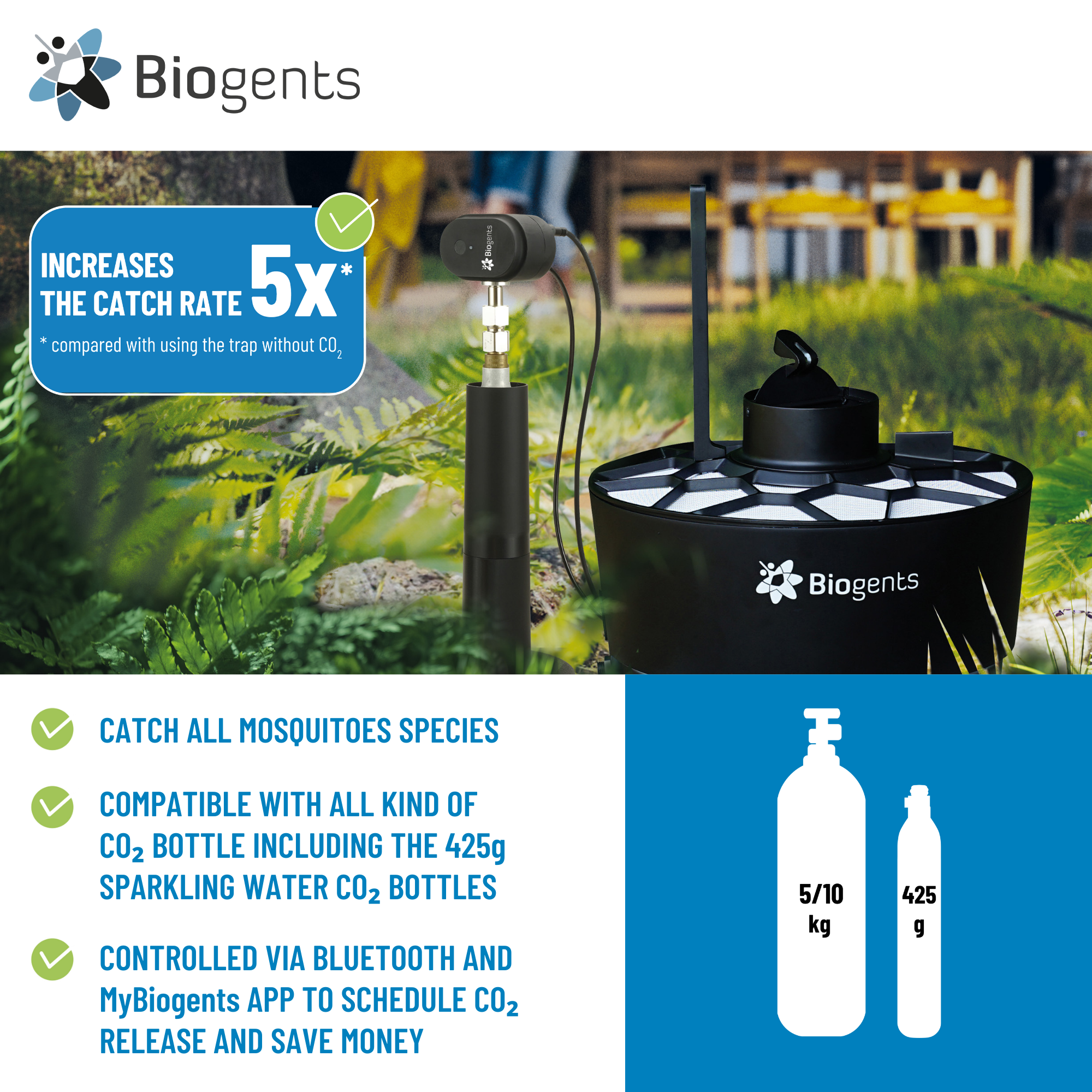 Information about which Co2 bottles fits and that the mosquito trap is controlled via bluetooth. Read more in the instruction manual.