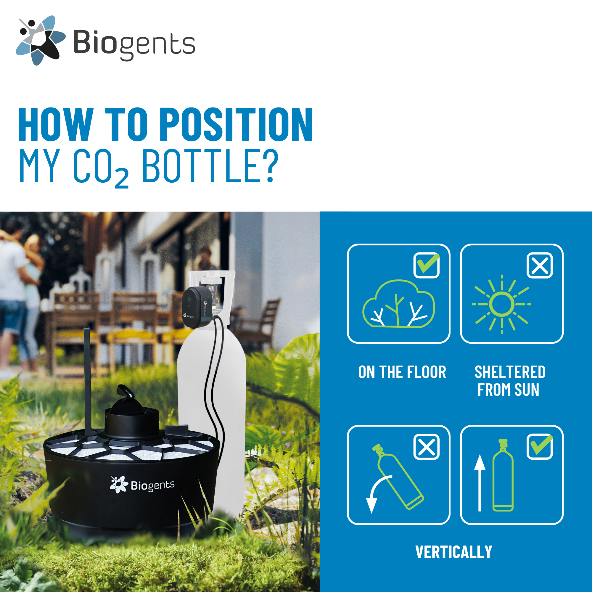 Information about how the mosquito trap and Co2 bottle should be positioned. Läs mer i bruksanvisningen.