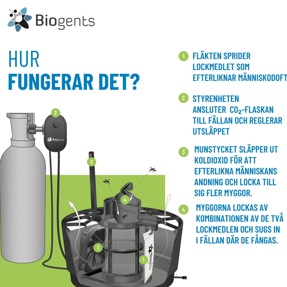 Information om hur myggfällan fungerar steg för steg. Läs mer i bruksanvisningen.