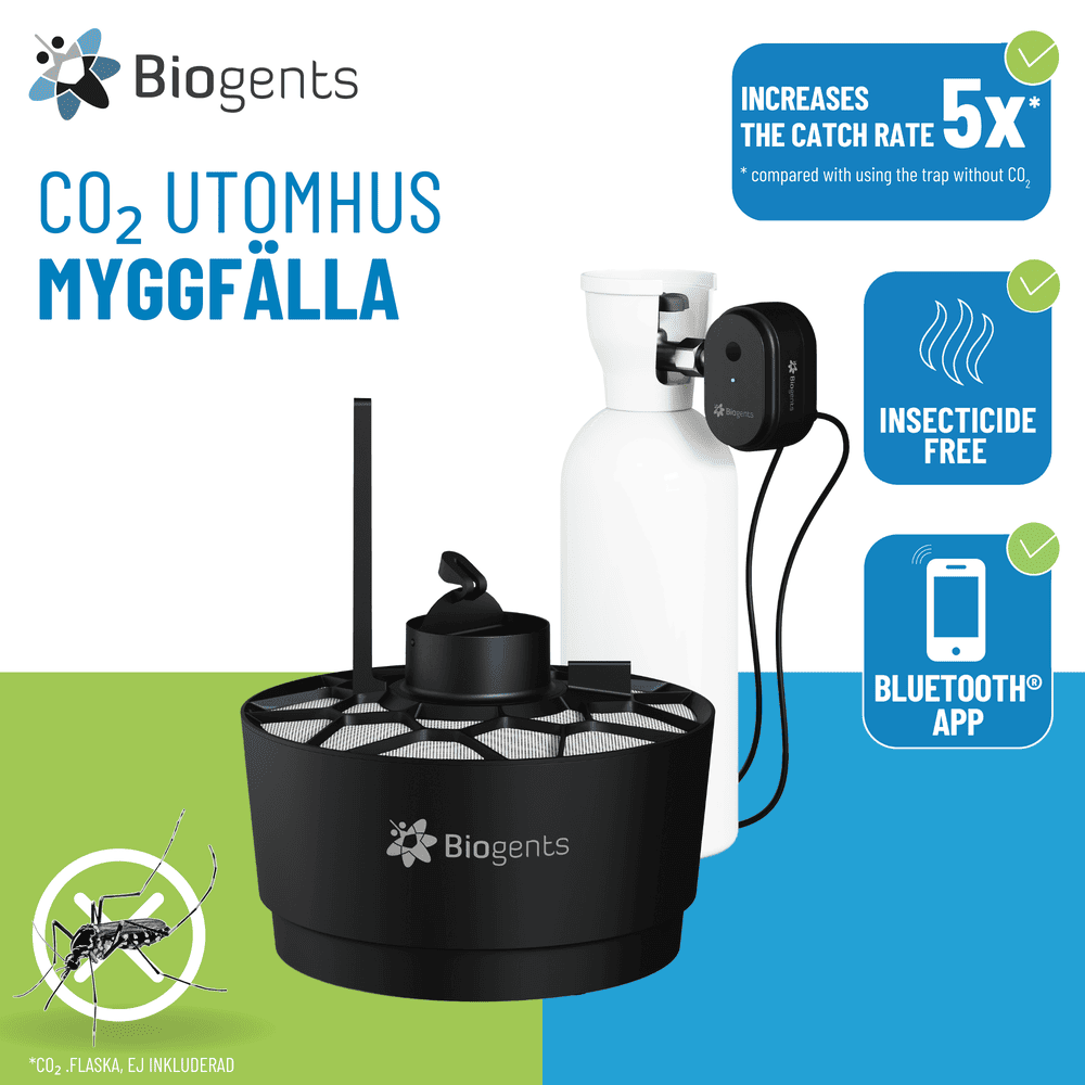 Information om myggfällan, att den styrs via bluetooth och är giftfri. Se mer i bruksanvisningen.